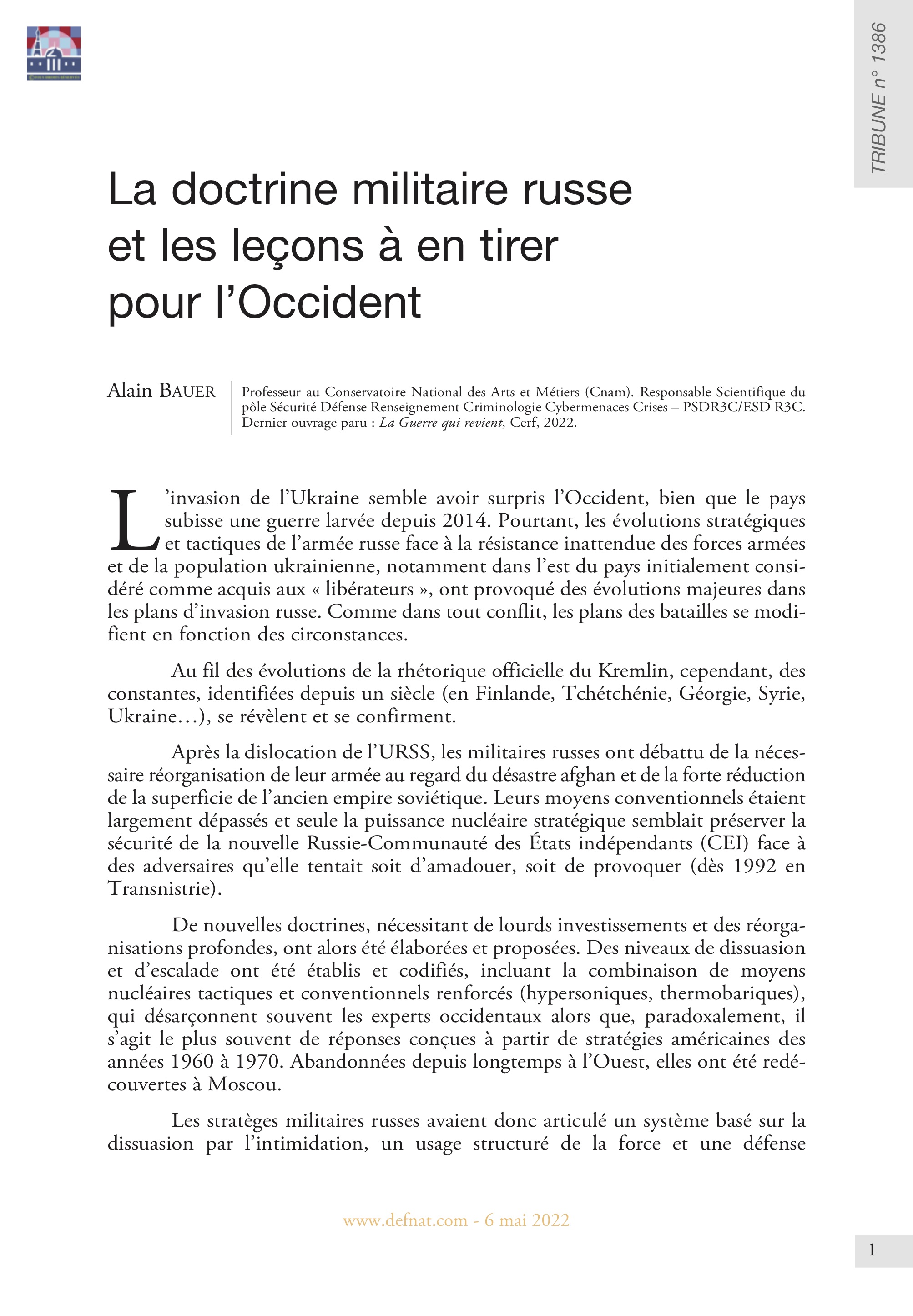 La doctrine militaire russe et les leçons à en tirer pour l’Occident (T 1386)
